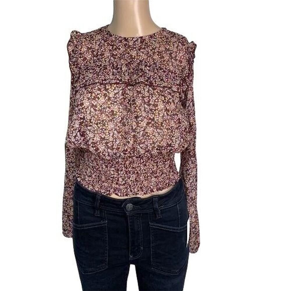 Love, Fire Womens Blouse Top Shirt Ruffled Smocked Hem Sheer Floral Red XS